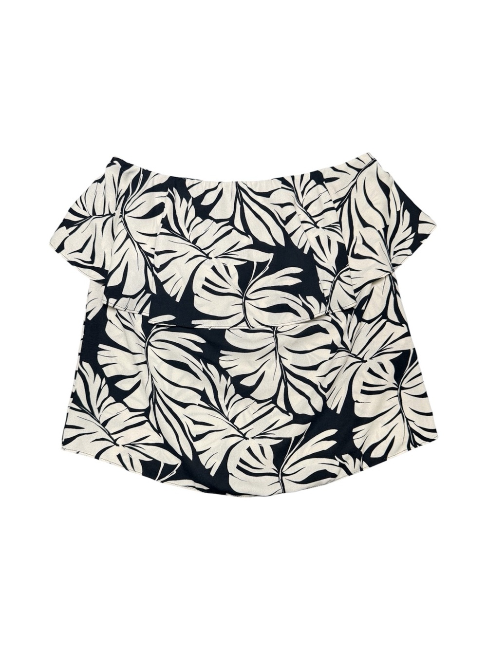 AQUA Strapless Ruffle Top Size S Black Ivory Tropical Leaf Print